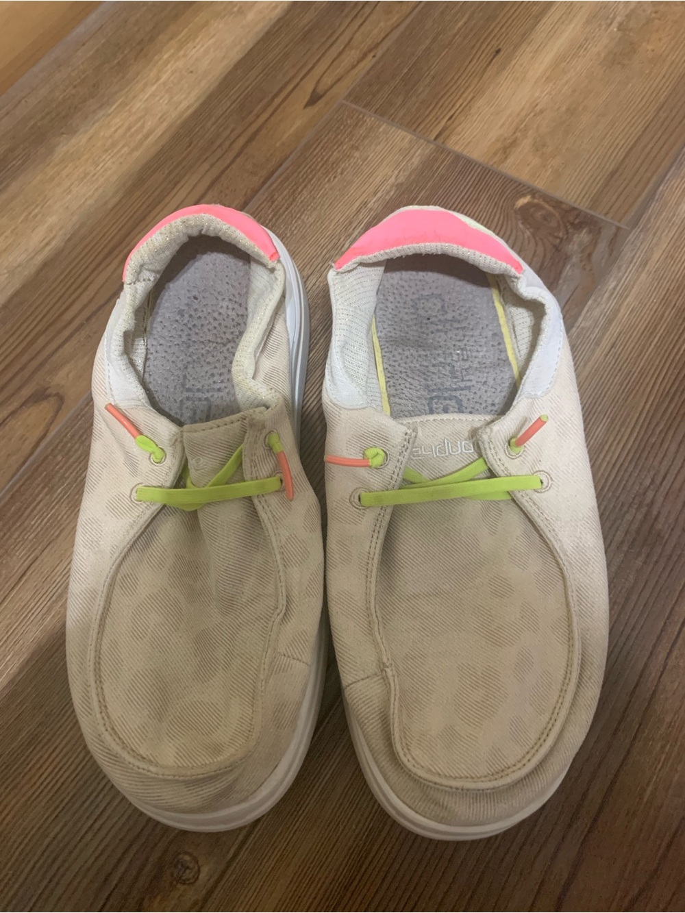 Hey Dude Women's Slip-On Sneakers in Cream with Neon Pink & Lime Accents